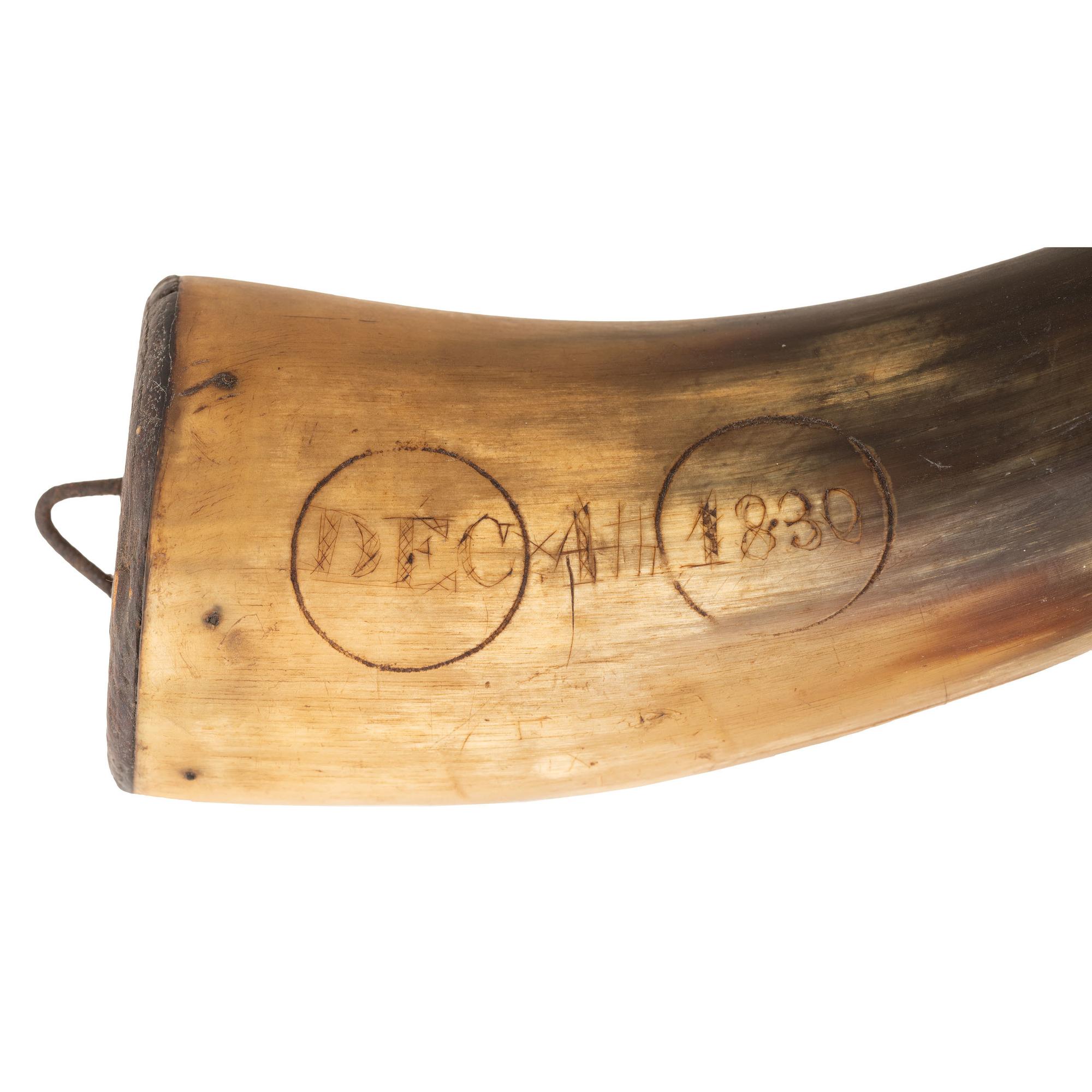 Two Folk Art Carved Priming Horns and Two Stone Bullet Molds