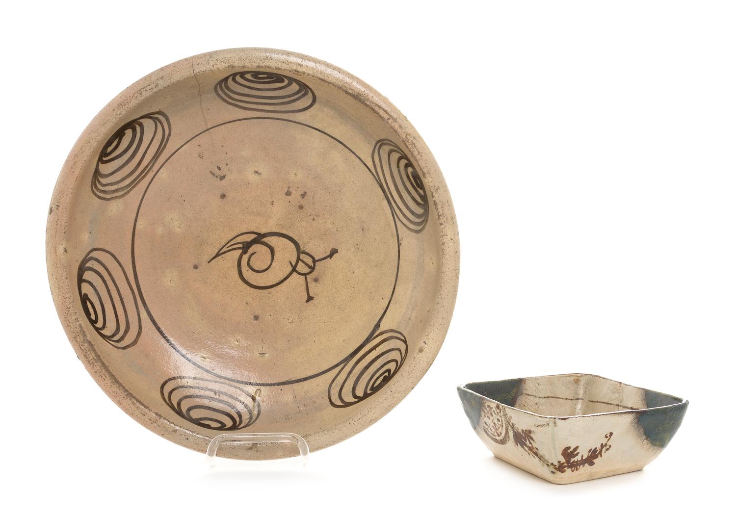Two Japanese Oribe Ware Articles Height of larger 4 x diameter 14 inches.