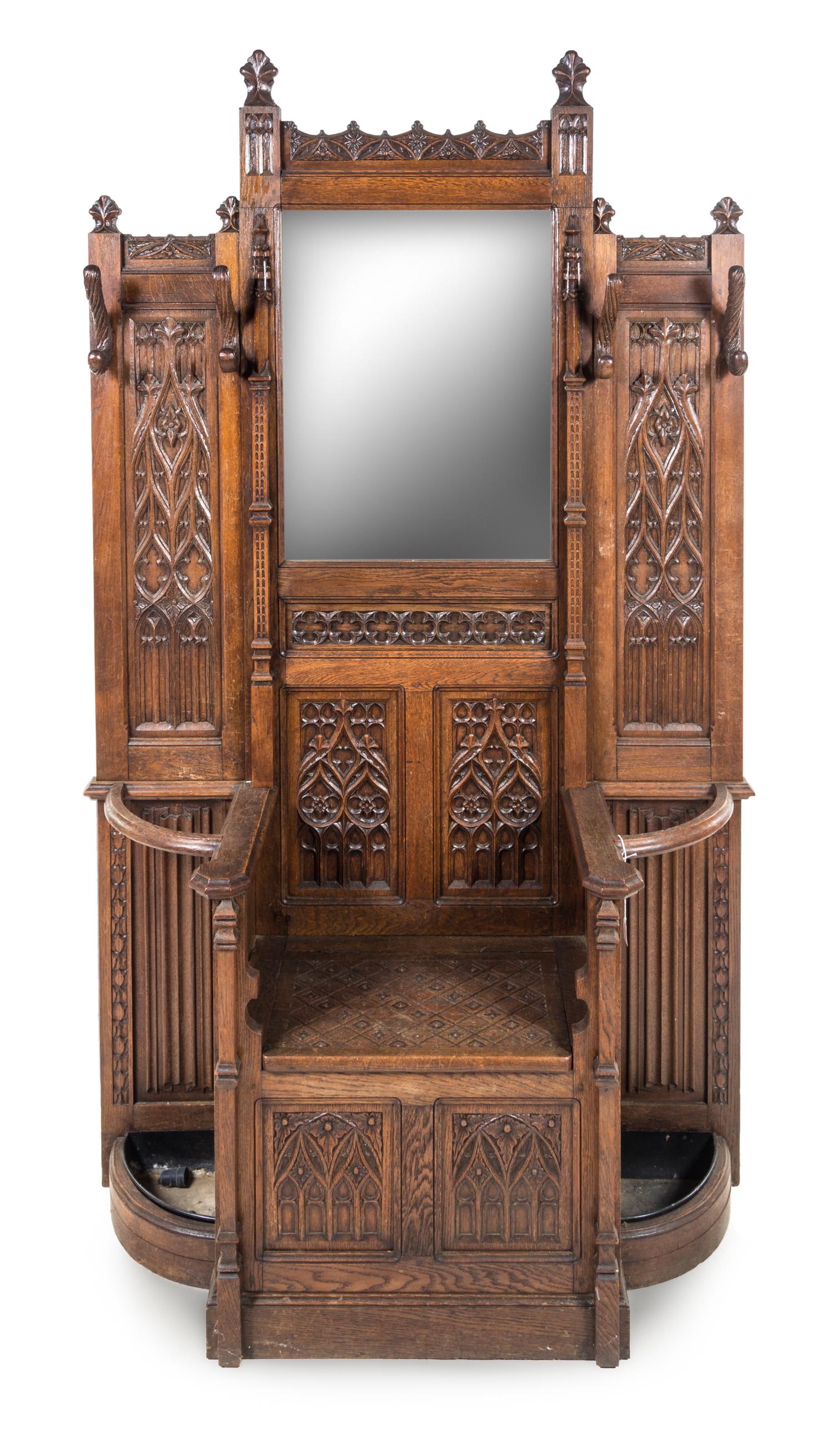 A Gothic Revival Oak Hall Tree Height 86 x width 49 x depth 18 inches. — 19TH CENTURY