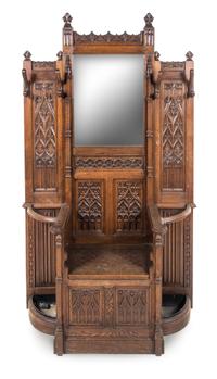 A Gothic Revival Oak Hall Tree Height 86 x width 49 x depth 18 inches. — 19TH CENTURY