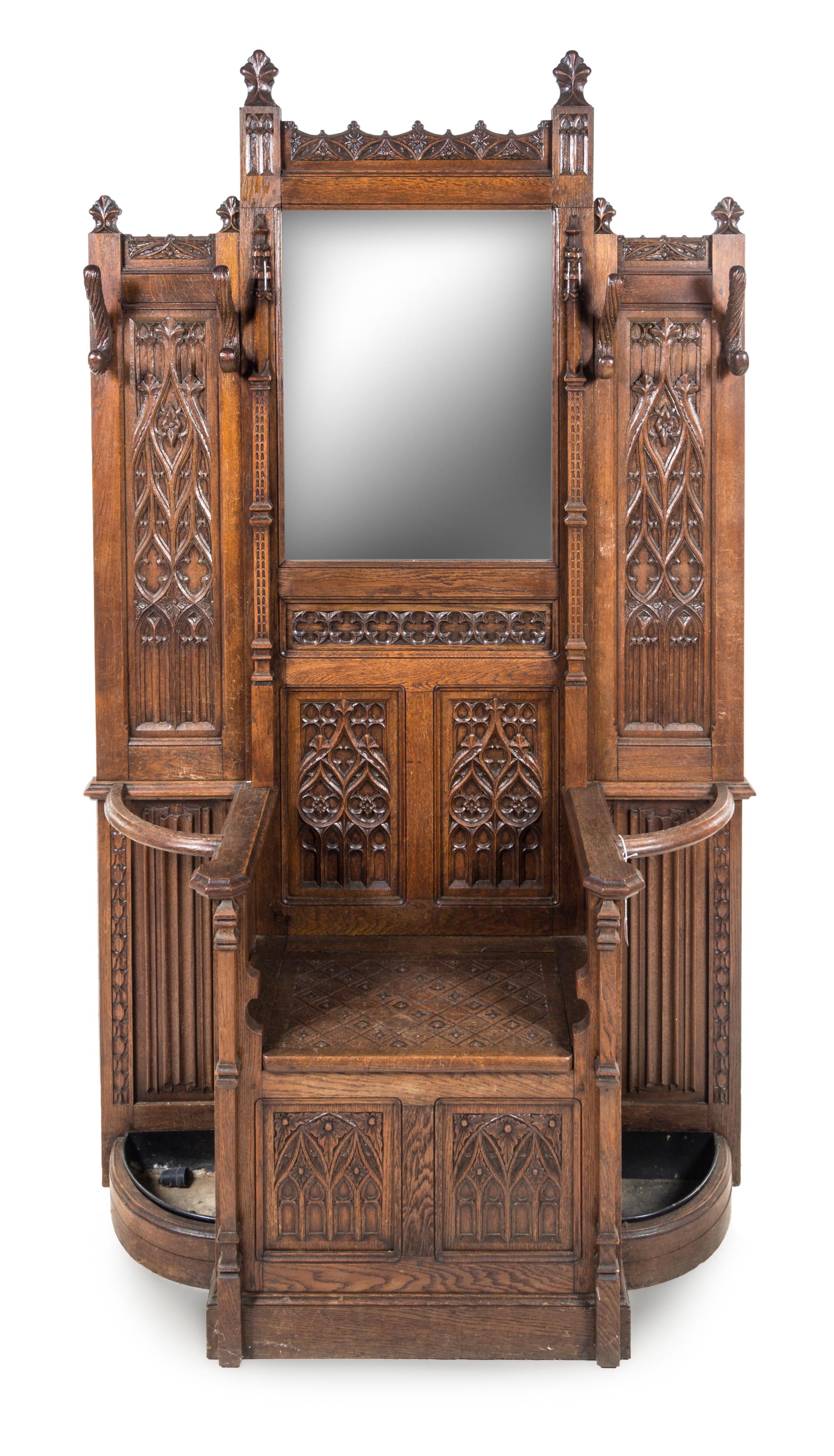 A Gothic Revival Oak Hall Tree Height 86 x width 49 x depth 18 inches. — 19TH CENTURY