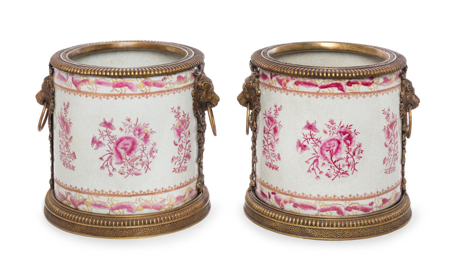 A Pair of Gilt Bronze Mounted Porcelain Jardinieres Height 9 3/4 inches. — 20TH CENTURY