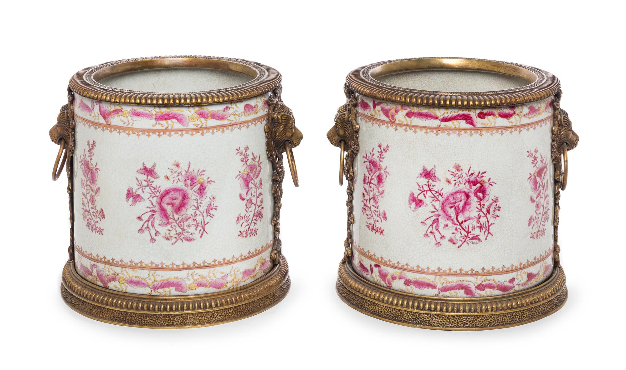 A Pair of Gilt Bronze Mounted Porcelain Jardinieres Height 9 3/4 inches. — 20TH CENTURY
