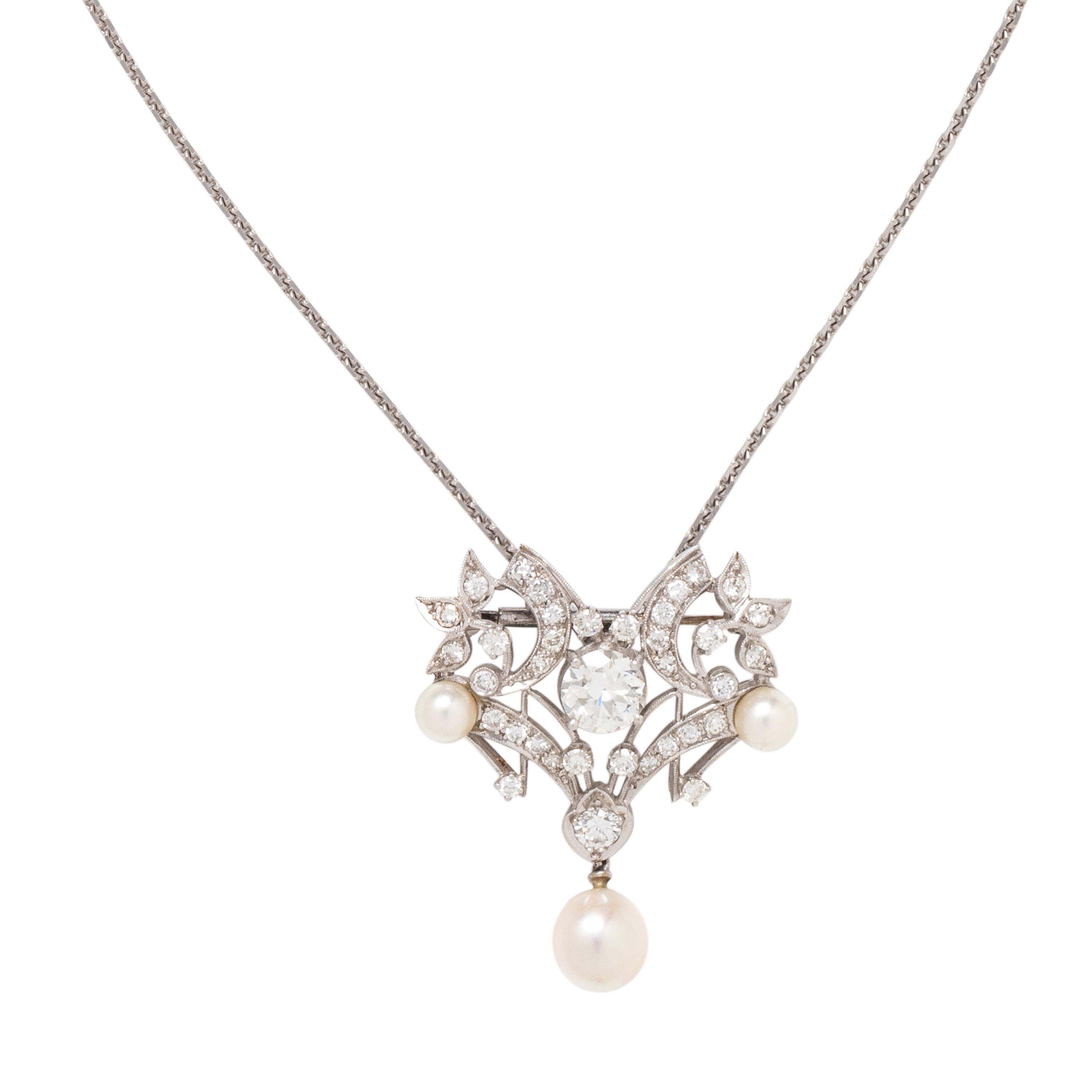 DIAMOND AND CULTURED PEARL PENDANT/BROOCH NECKLACE