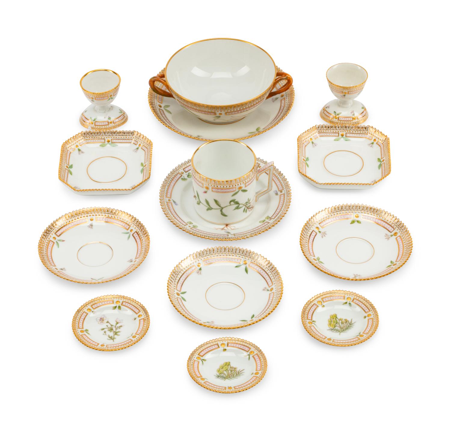 Fourteen Royal Copenhagen Flora Danica Porcelain Articles