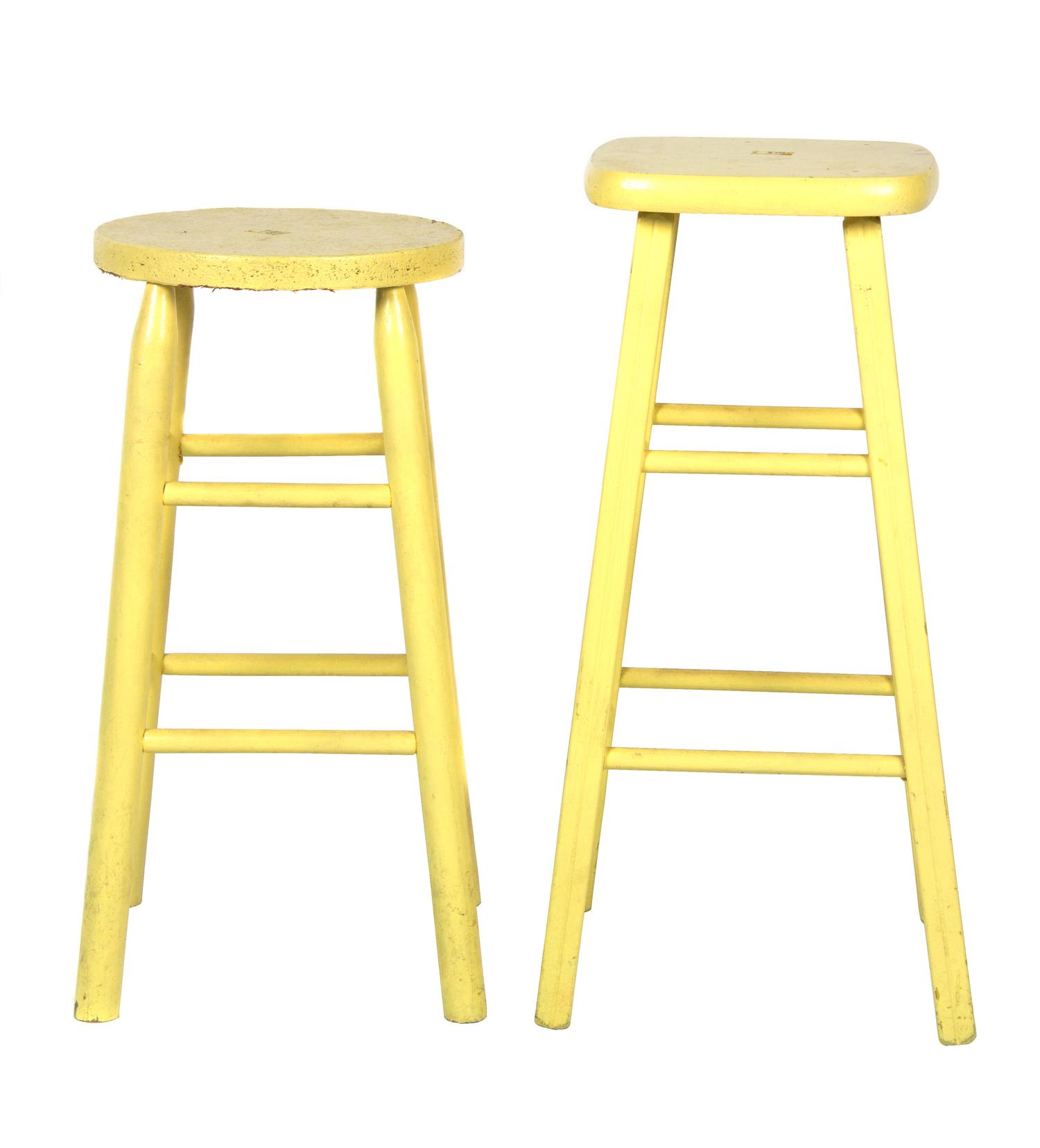 Two Yellow Painted Stools Height of tallest 29 1/2 inches.