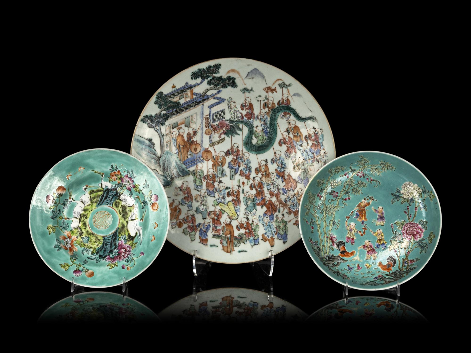 Three Chinese Famille Rose Porcelain Plates