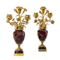 A Pair of French Gilt Bronze and Agate Three-Light Candelabra, Height 10 1/2 inches.