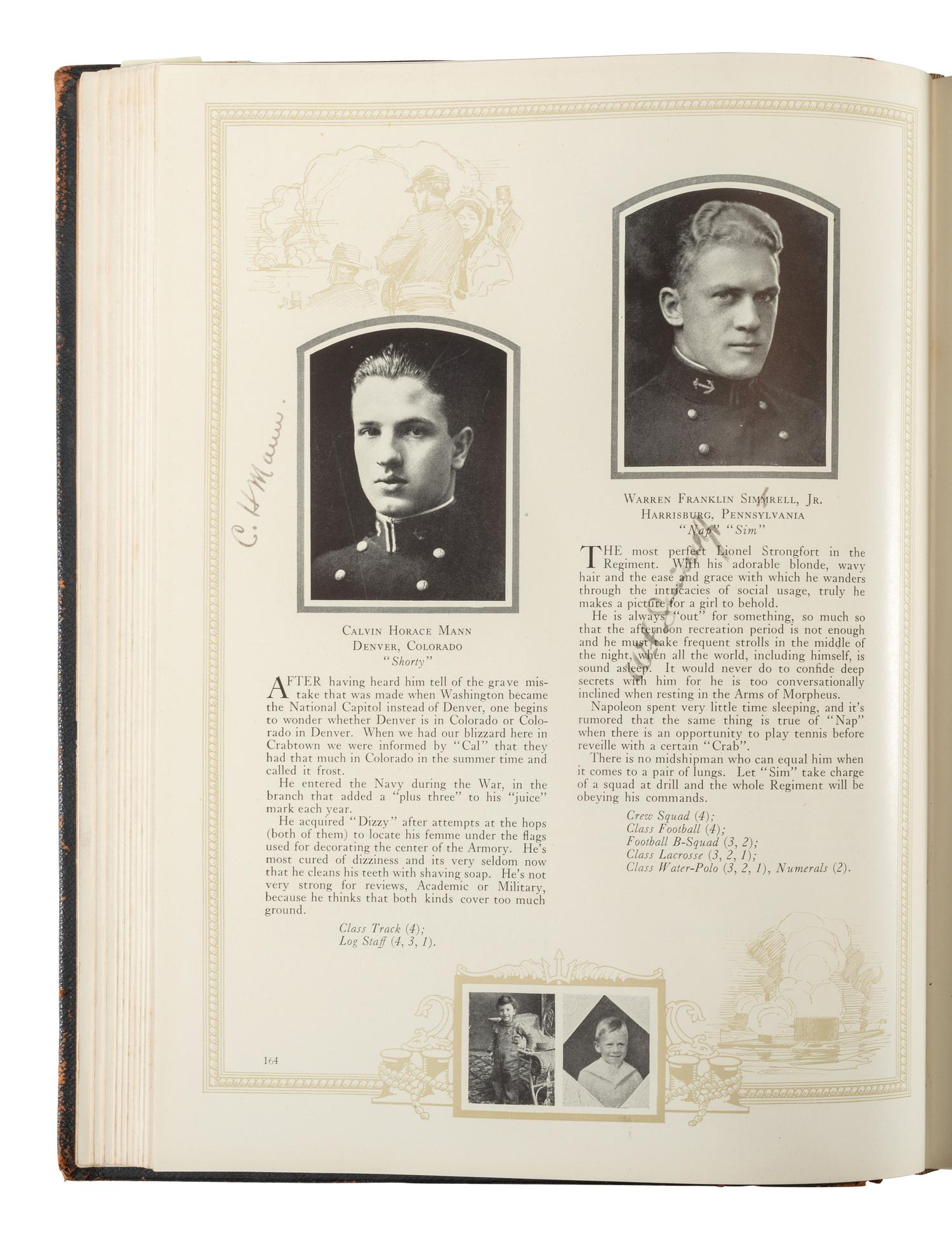 [WORLD WAR II]. US Naval Academy pin for 1923 and submariner's pin belonging to Carl K. Zimmerman, plus 1923 Lucky Bag belonging to J.B. Renn.
