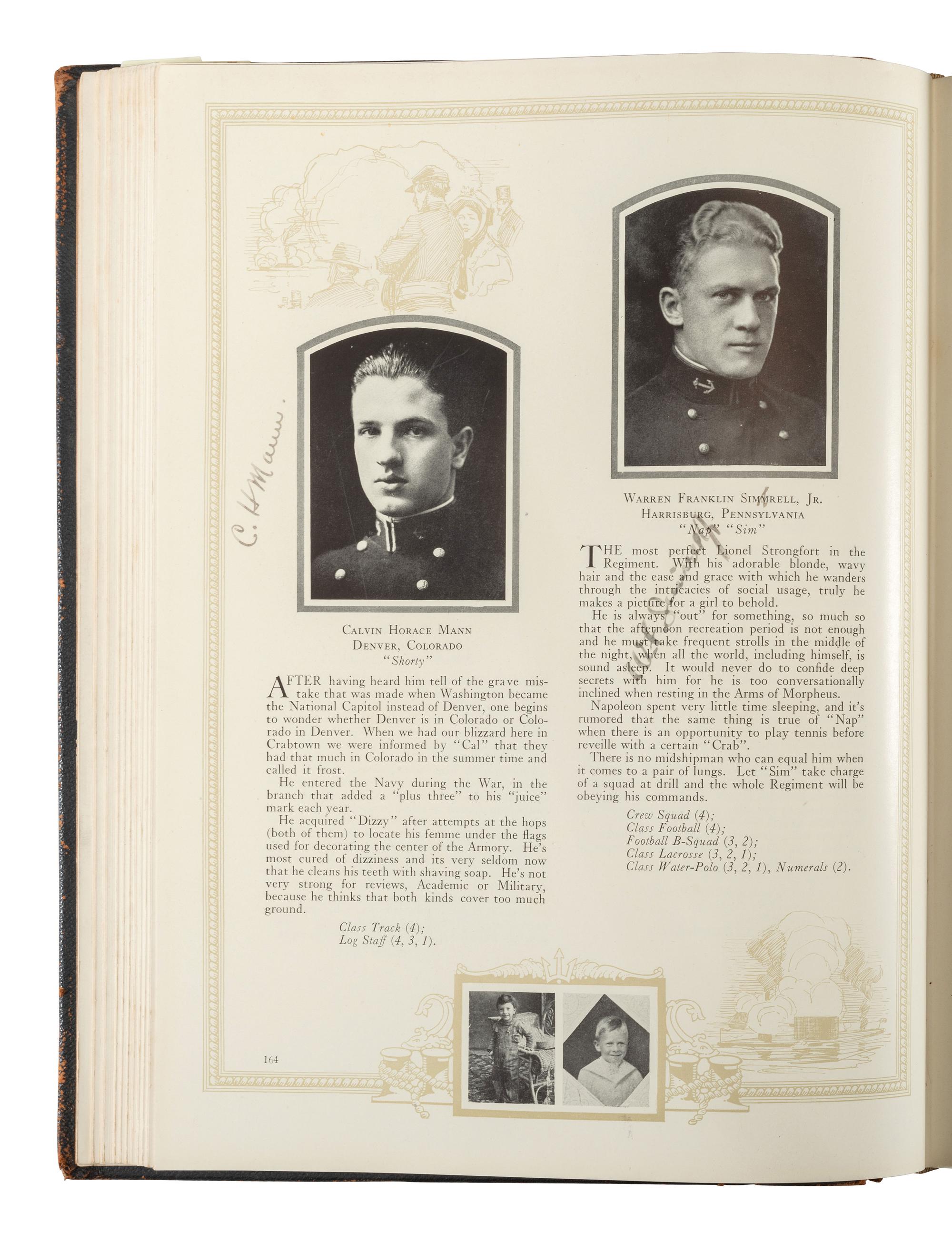 [WORLD WAR II]. US Naval Academy pin for 1923 and submariner's pin belonging to Carl K. Zimmerman, plus 1923 Lucky Bag belonging to J.B. Renn.