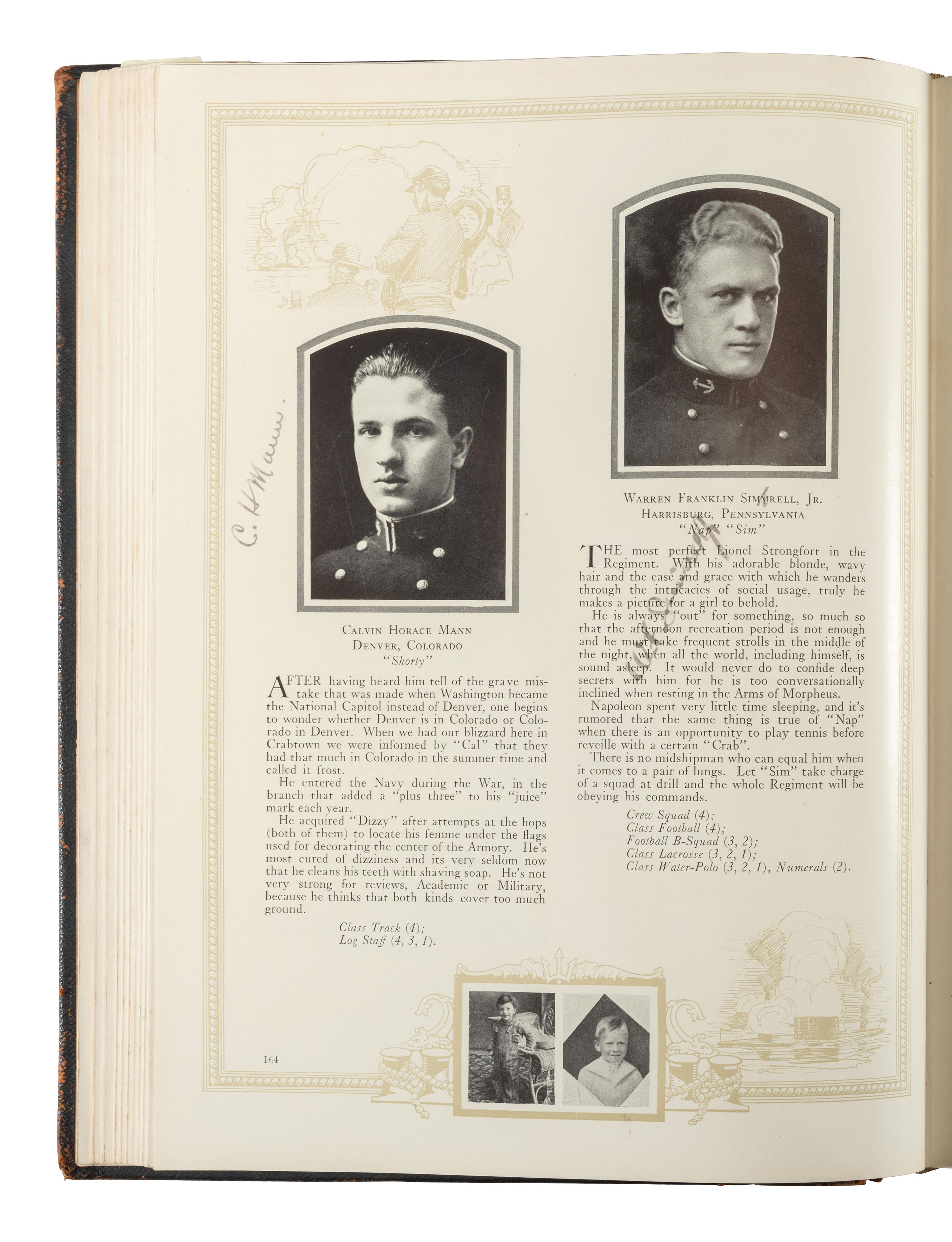 [WORLD WAR II]. US Naval Academy pin for 1923 and submariner's pin belonging to Carl K. Zimmerman, plus 1923 Lucky Bag belonging to J.B. Renn.