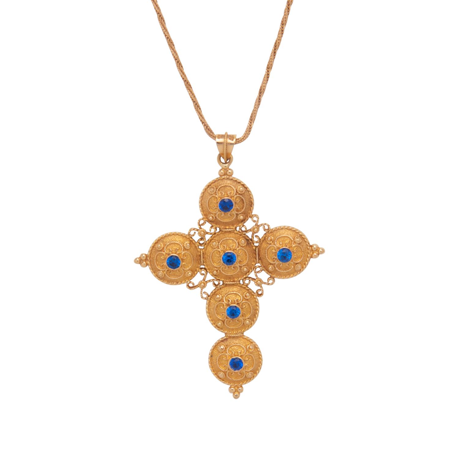 YELLOW GOLD AND SYNTHETIC SPINEL CROSS PENDANT/NECKLACE