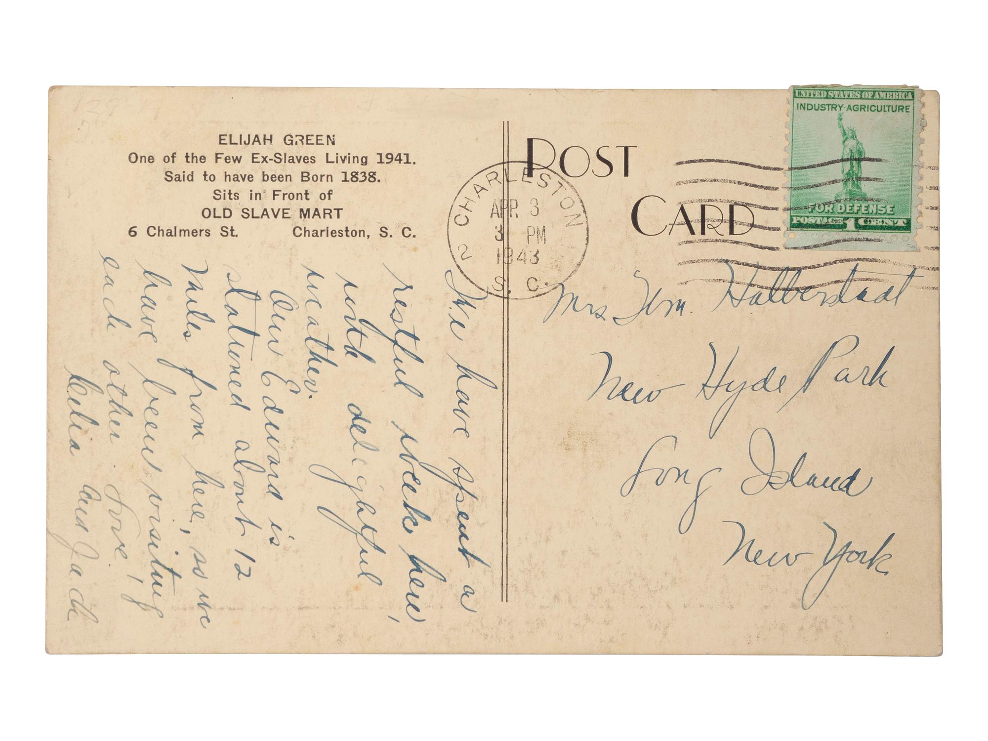 [SLAVERY & ABOLITION]. Postcard featuring Elijah Green, "One of the Few Ex-Slaves Living 1941." [Charleston, SC], ca 1942.