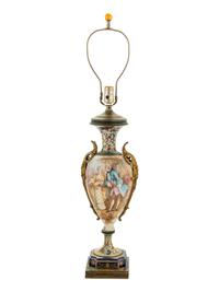 A Sèvres Style Gilt Bronze Mounted Porcelain and Champlevé Urn Mounted as a Lamp