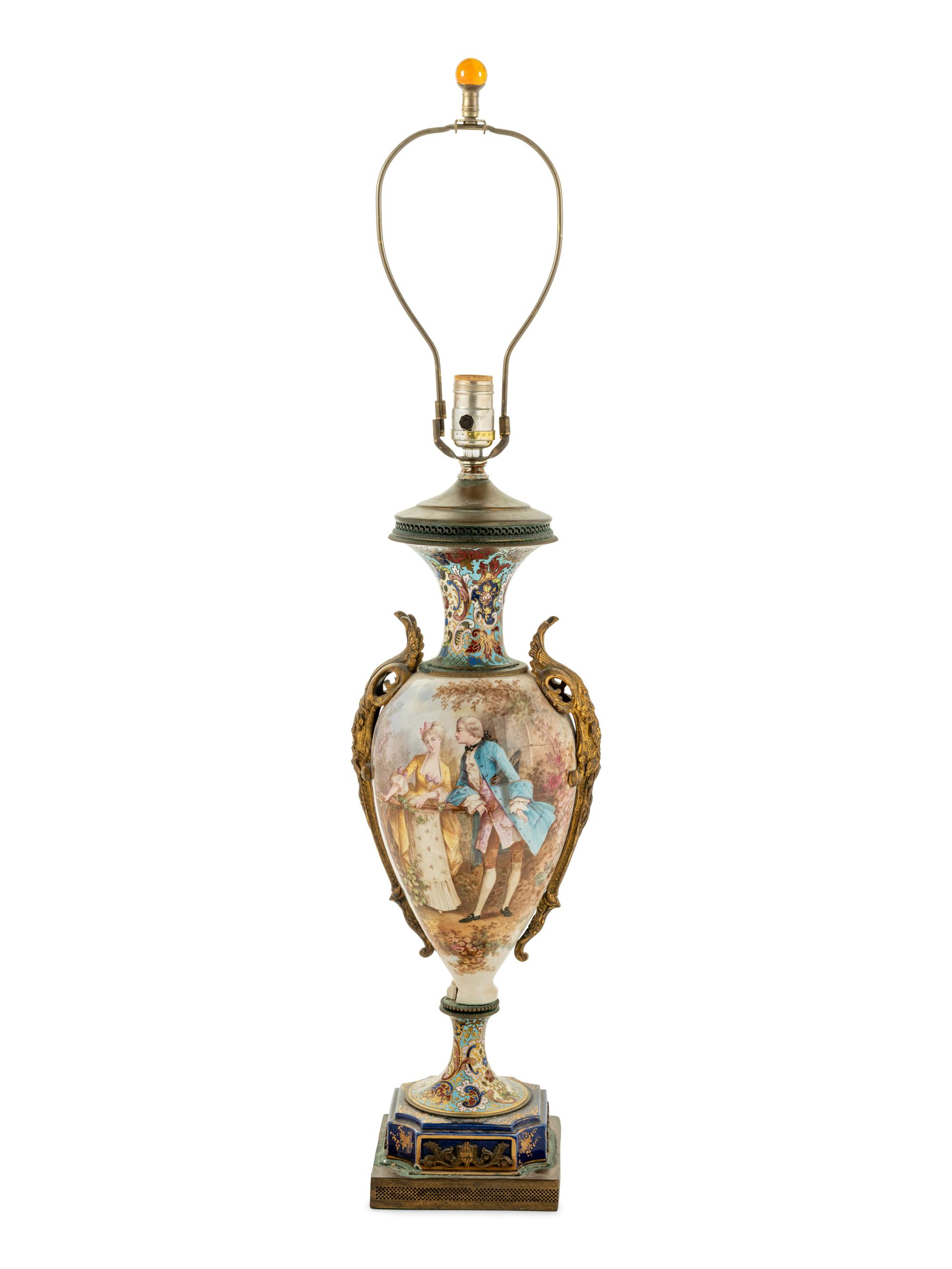 A Sèvres Style Gilt Bronze Mounted Porcelain and Champlevé Urn Mounted as a Lamp