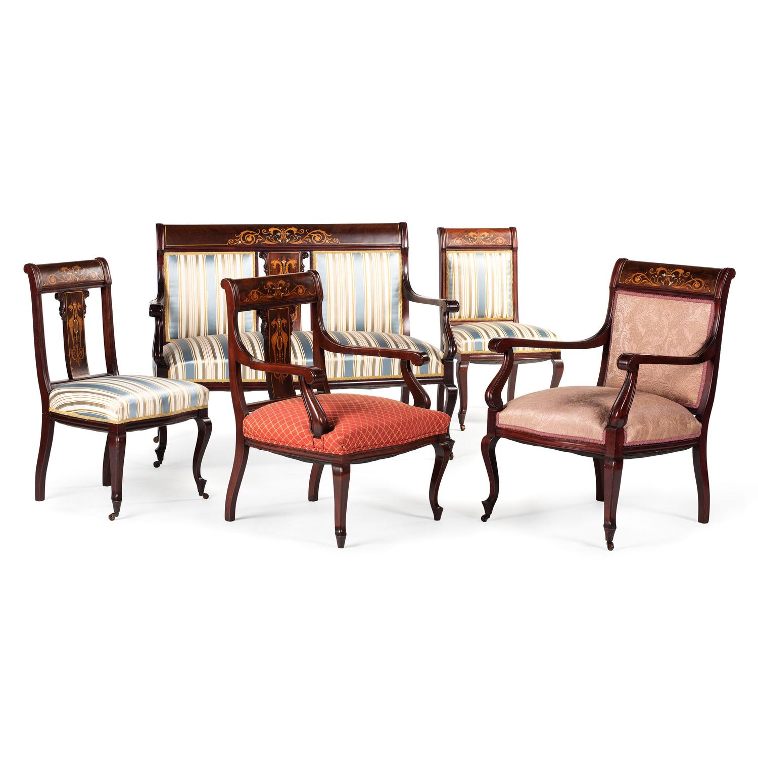 An Edwardian Style Mahogany and Marquetry Five-Piece Seating Suite