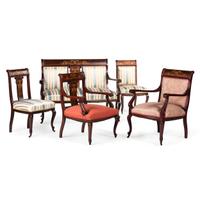 An Edwardian Style Mahogany and Marquetry Five-Piece Seating Suite