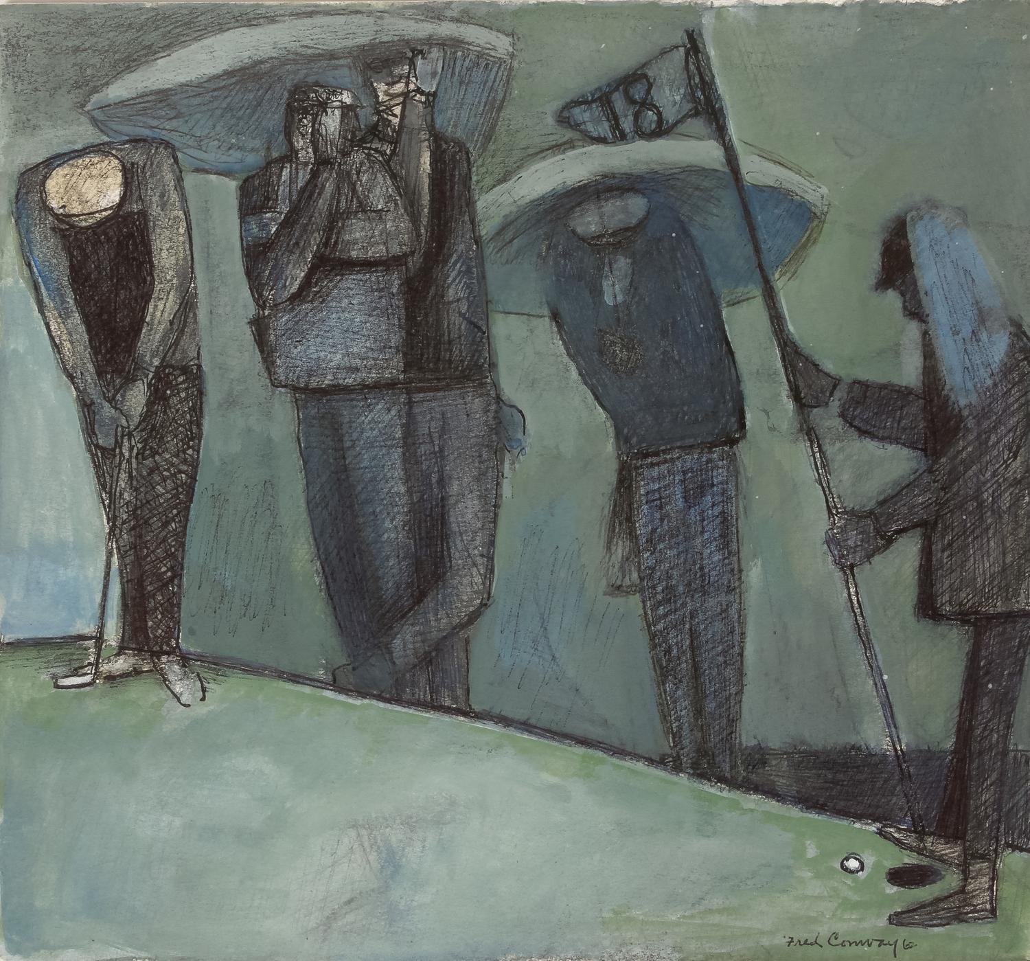 Four works: 19th Hole, 1971; Untitled (Golf Scene); Untitled (Golfers Under Tree); and Golfers ABC , 1964