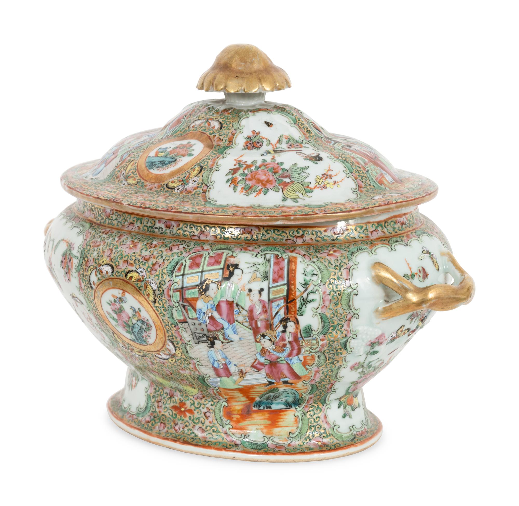 Three Famille Rose Porcelain Articles Including Two Ovate Platters and Tureen