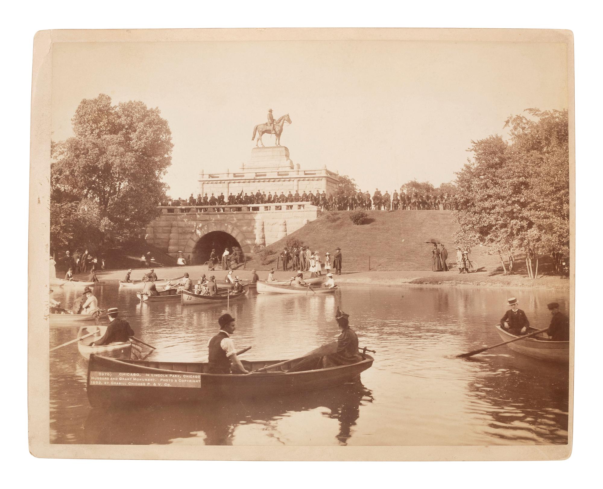 Chicago GRABILL, photographer. In Lincoln Park, Chicago, Hussars and Grant Monument. Chicago: P. & V. Co., ca 1893. [ With: ] Chicago street scene.