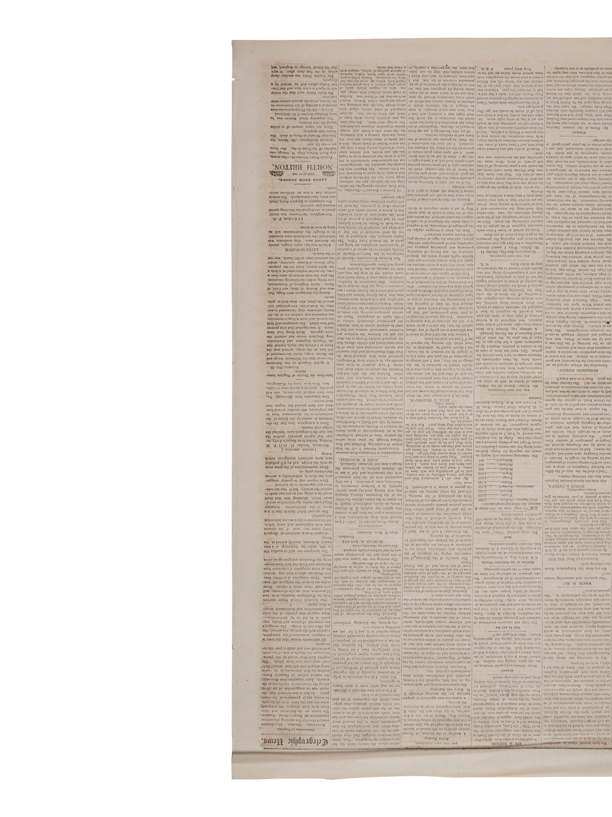 [ABOLITION]. John Brown's raid on Harpers Ferry reported in The East Floridian . Vol. I, No. 22. Fernandina, FL: Wm. H. Babcock, 20 October 1859.