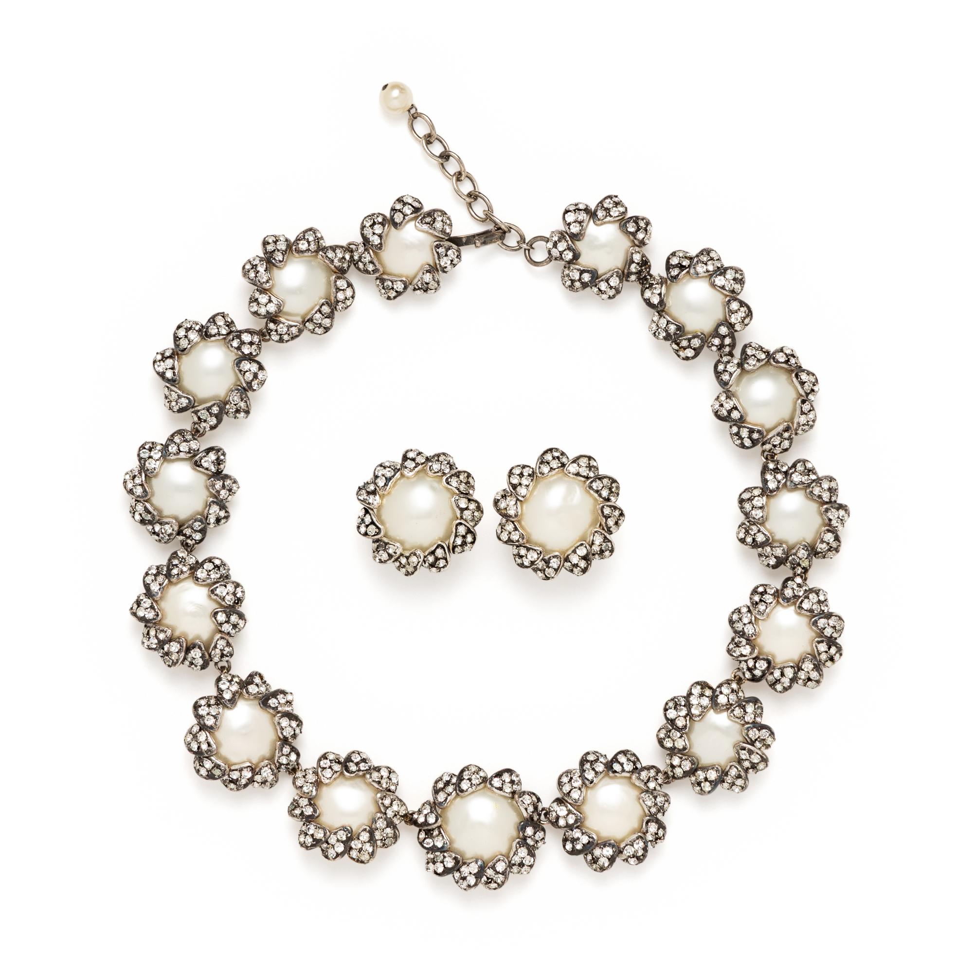 Chanel, Gripoix Pearl & Rhinestone Necklace and Ear Clips