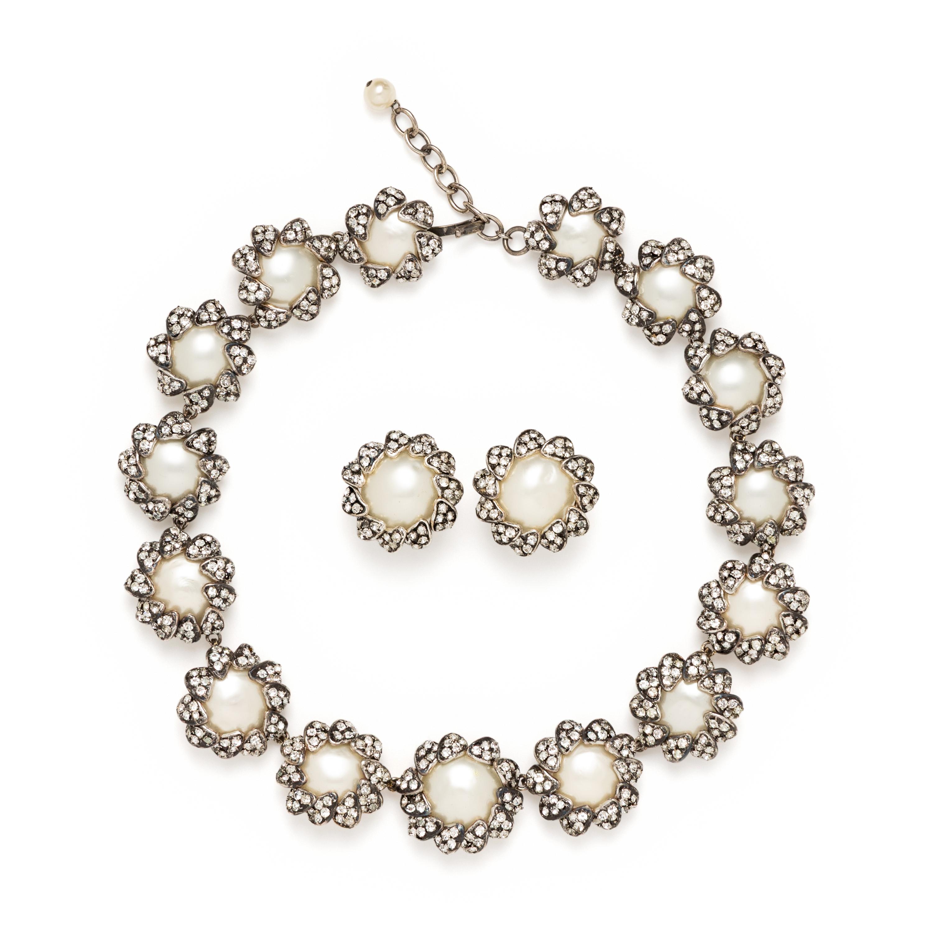 Chanel, Gripoix Pearl & Rhinestone Necklace and Ear Clips