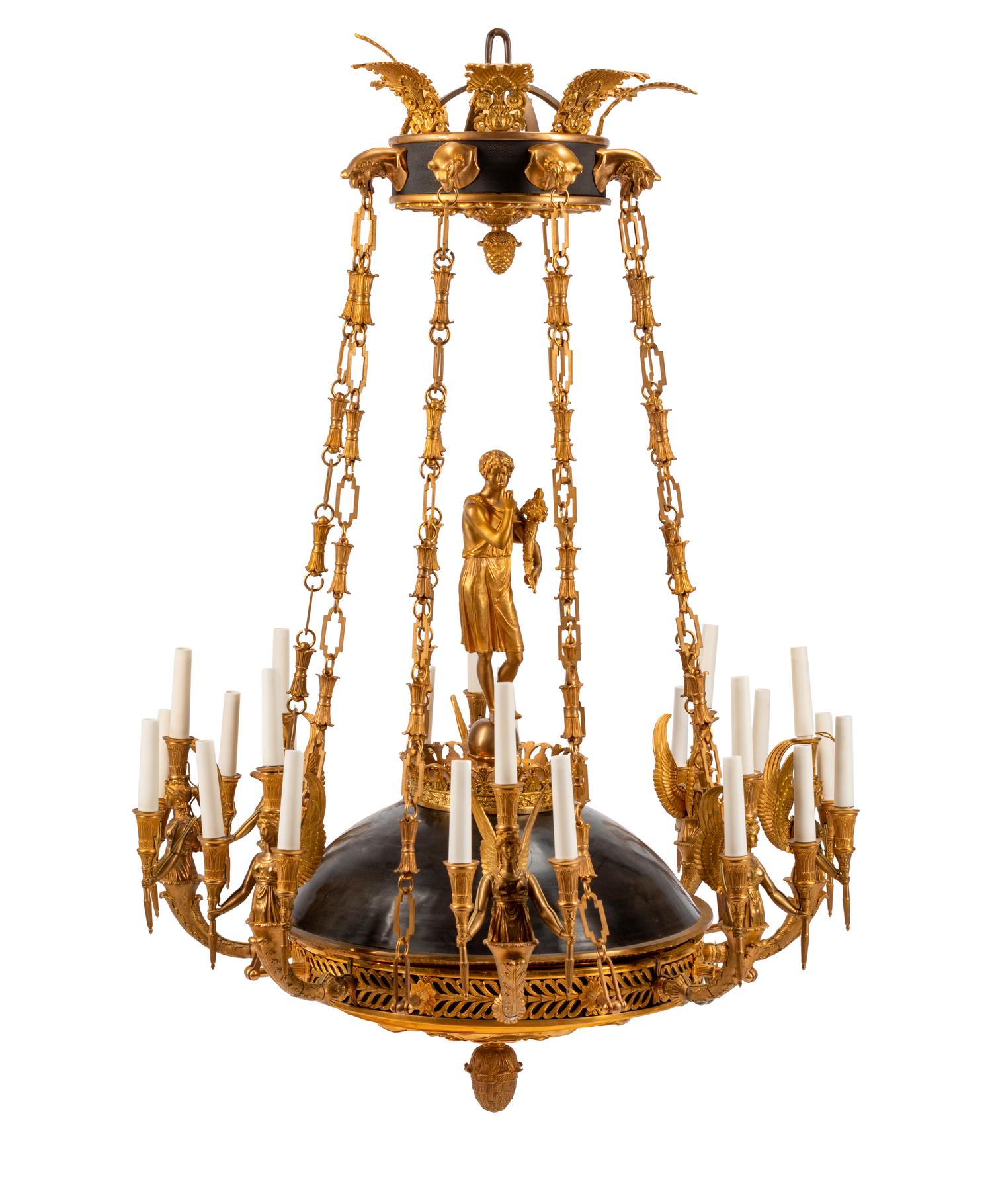 An Empire Style Gilt Bronze and Tôle Figural Chandelier