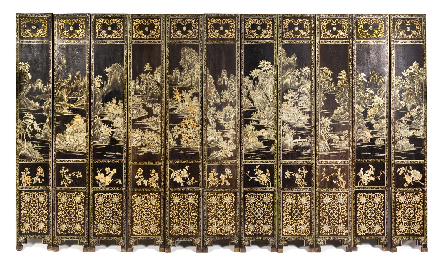 A Chinese Lacquered Twelve-Panel Floor Screen Height 82 x width of each panel 13 3/4 inches. — 19TH CENTURY