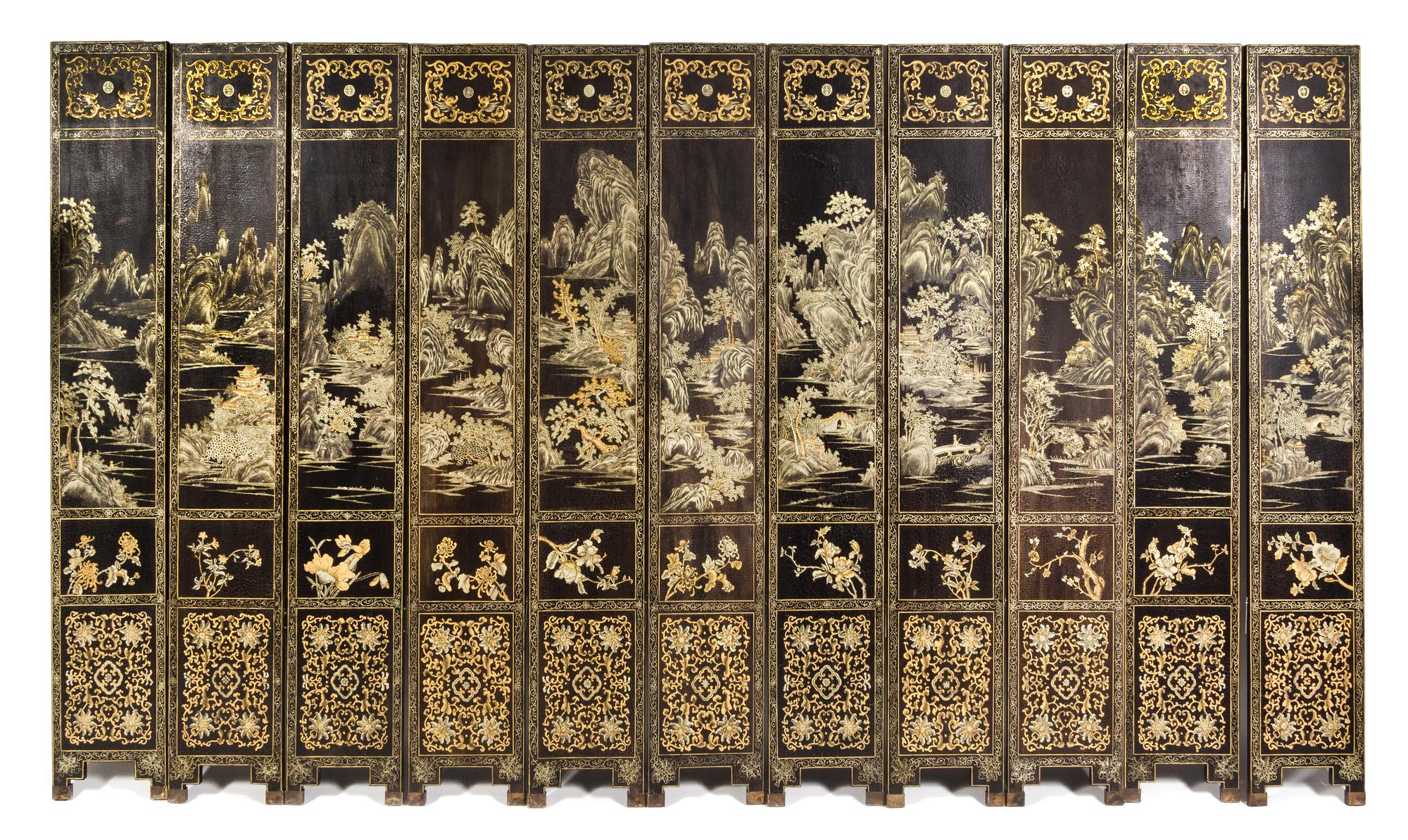 A Chinese Lacquered Twelve-Panel Floor Screen Height 82 x width of each panel 13 3/4 inches. — 19TH CENTURY