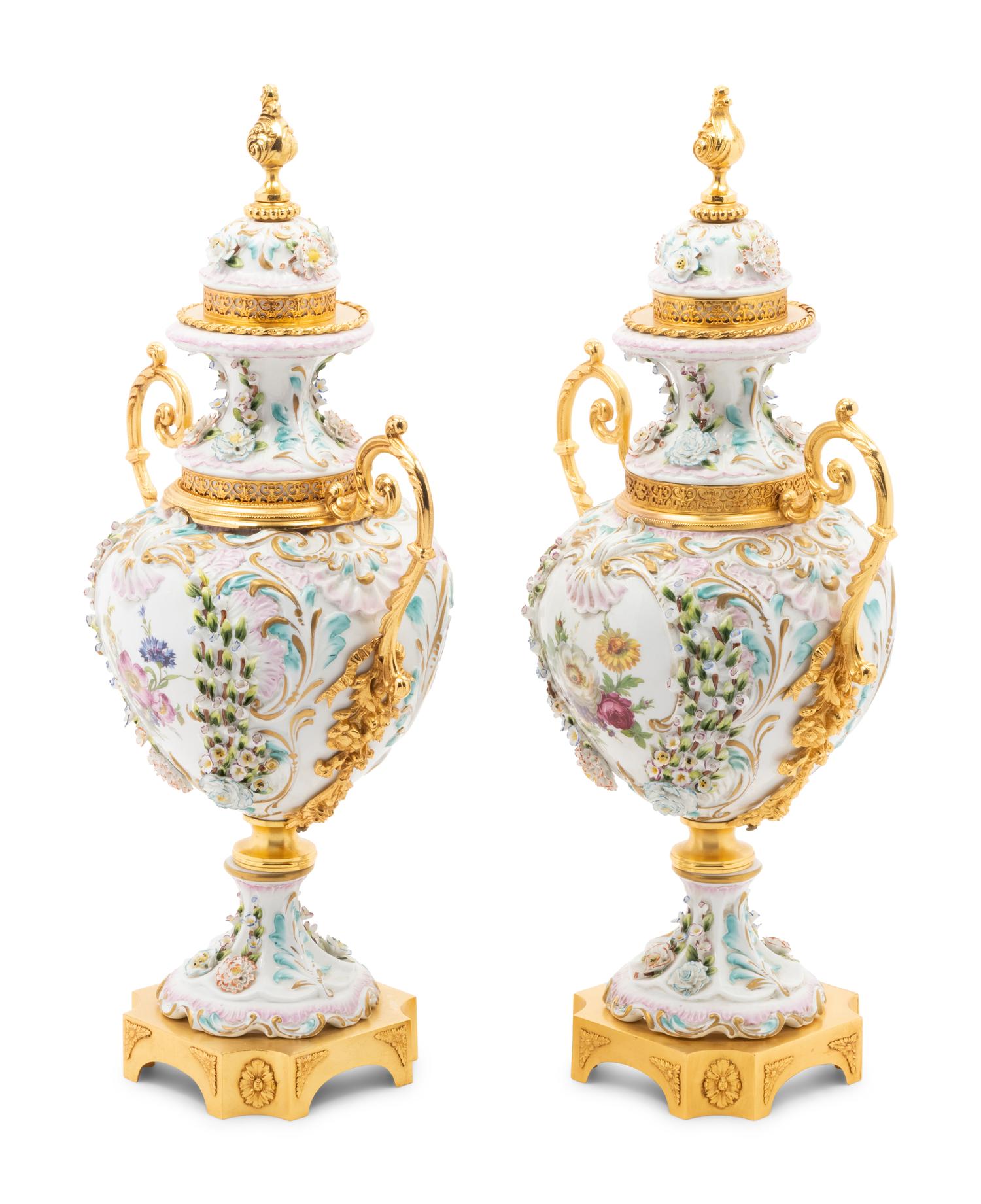 A Pair of Tiche Gilt Metal Mounted Porcelain Urns