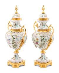A Pair of Tiche Gilt Metal Mounted Porcelain Urns