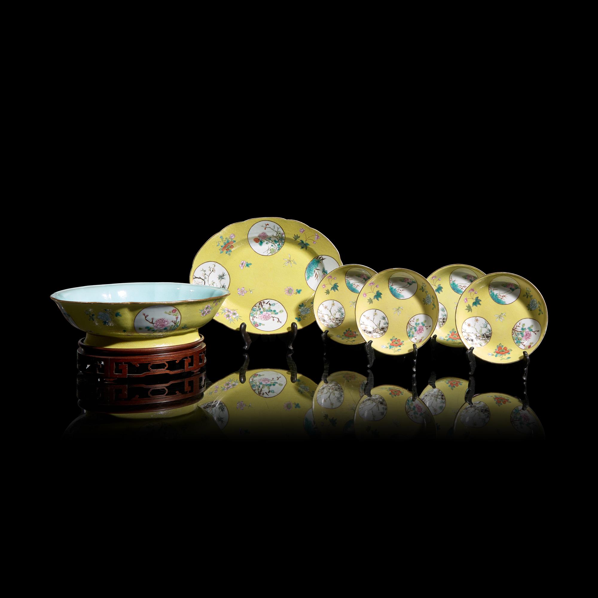 Six Chinese Sgraffito Yellow Ground Famille Rose Porcelain Wares, Late Qing/Republic Period 晚清民國 黃地粉彩軋道錦紋開光花鳥紋瓷器一組六件
