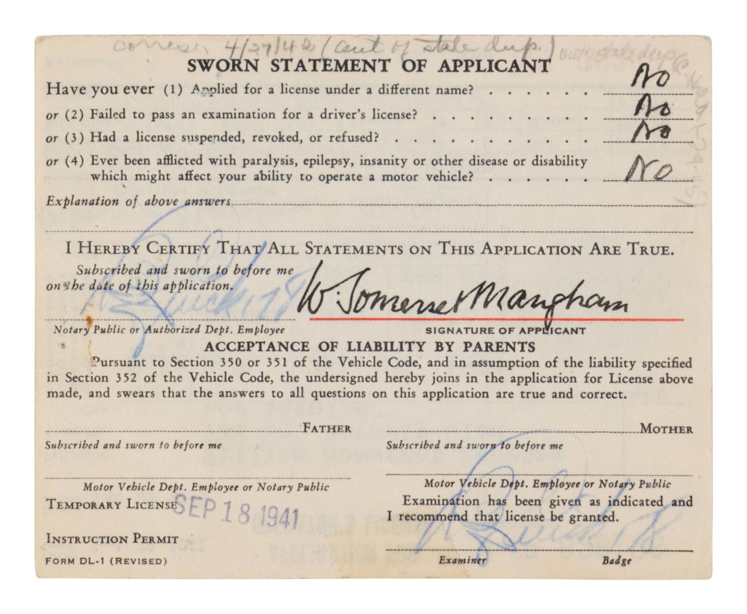 MAUGHAM, W. Somerset (1874-1965). Partly printed document signed twice ("W. Somerset Maugham"), Los Angeles, 29 September 1941.