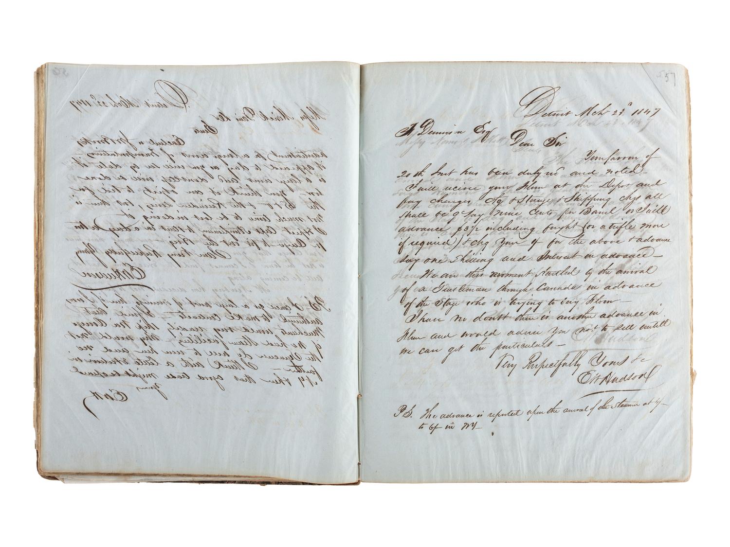 [TRANSPORTATION] -- [SHIPPING]. Letter press copy book featuring discussion of early Great Lakes shipping and commerce within the 1847 business correspondence of Detroit shipbuilder, merchant, and vessel owner Elon W. Hudson (1818-1901).