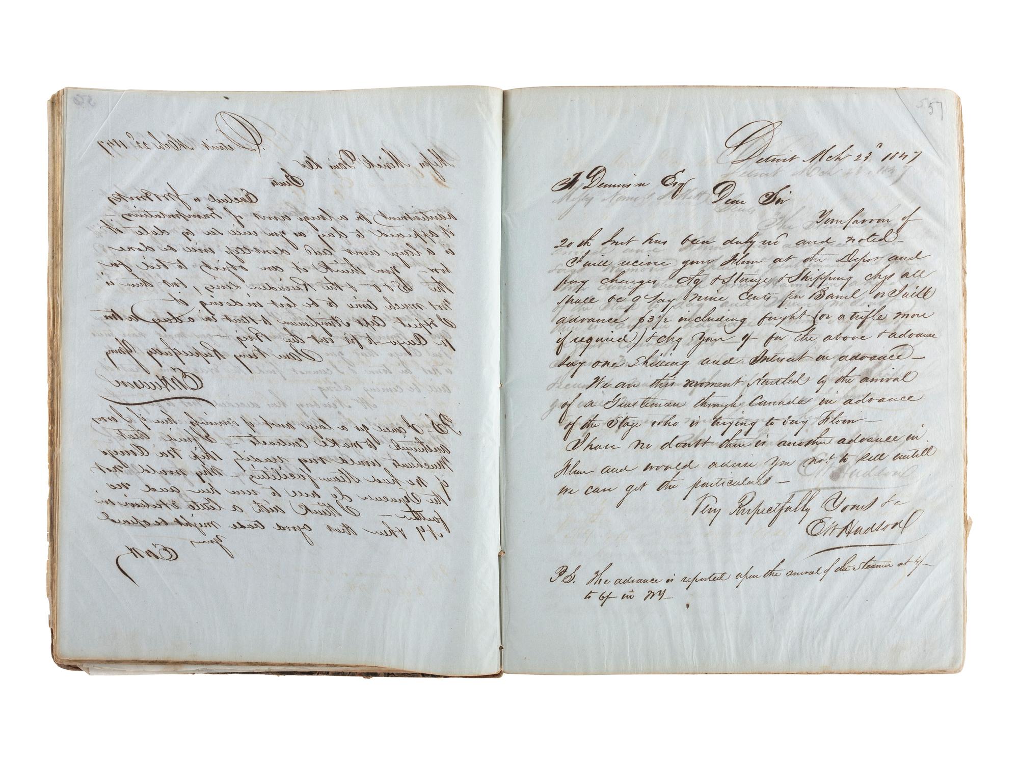 [TRANSPORTATION] -- [SHIPPING]. Letter press copy book featuring discussion of early Great Lakes shipping and commerce within the 1847 business correspondence of Detroit shipbuilder, merchant, and vessel owner Elon W. Hudson (1818-1901).