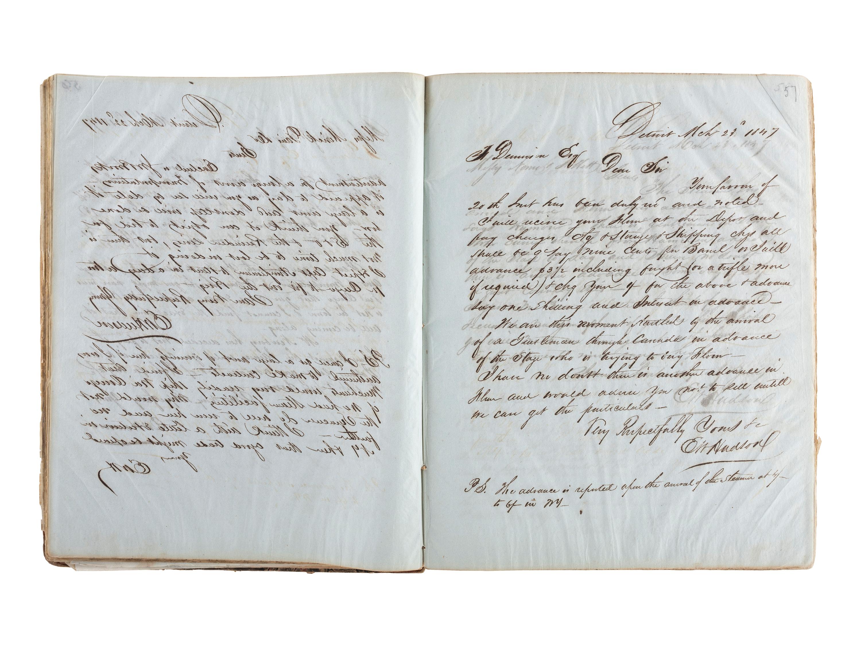 [TRANSPORTATION] -- [SHIPPING]. Letter press copy book featuring discussion of early Great Lakes shipping and commerce within the 1847 business correspondence of Detroit shipbuilder, merchant, and vessel owner Elon W. Hudson (1818-1901).