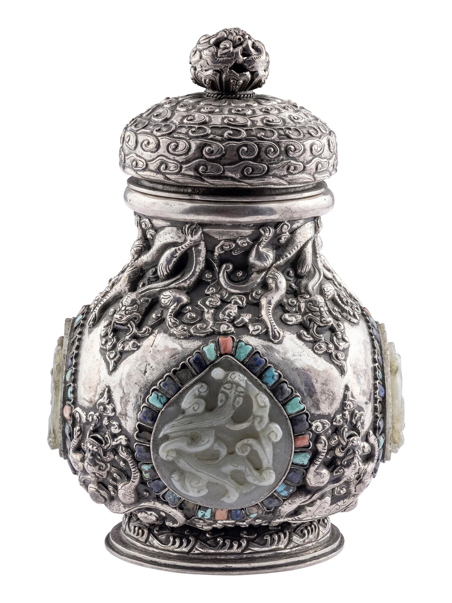 A Mongolian Jade and Hardstone Inset Silver Covered Hu Vessel
