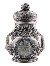 A Mongolian Jade and Hardstone Inset Silver Covered Hu Vessel