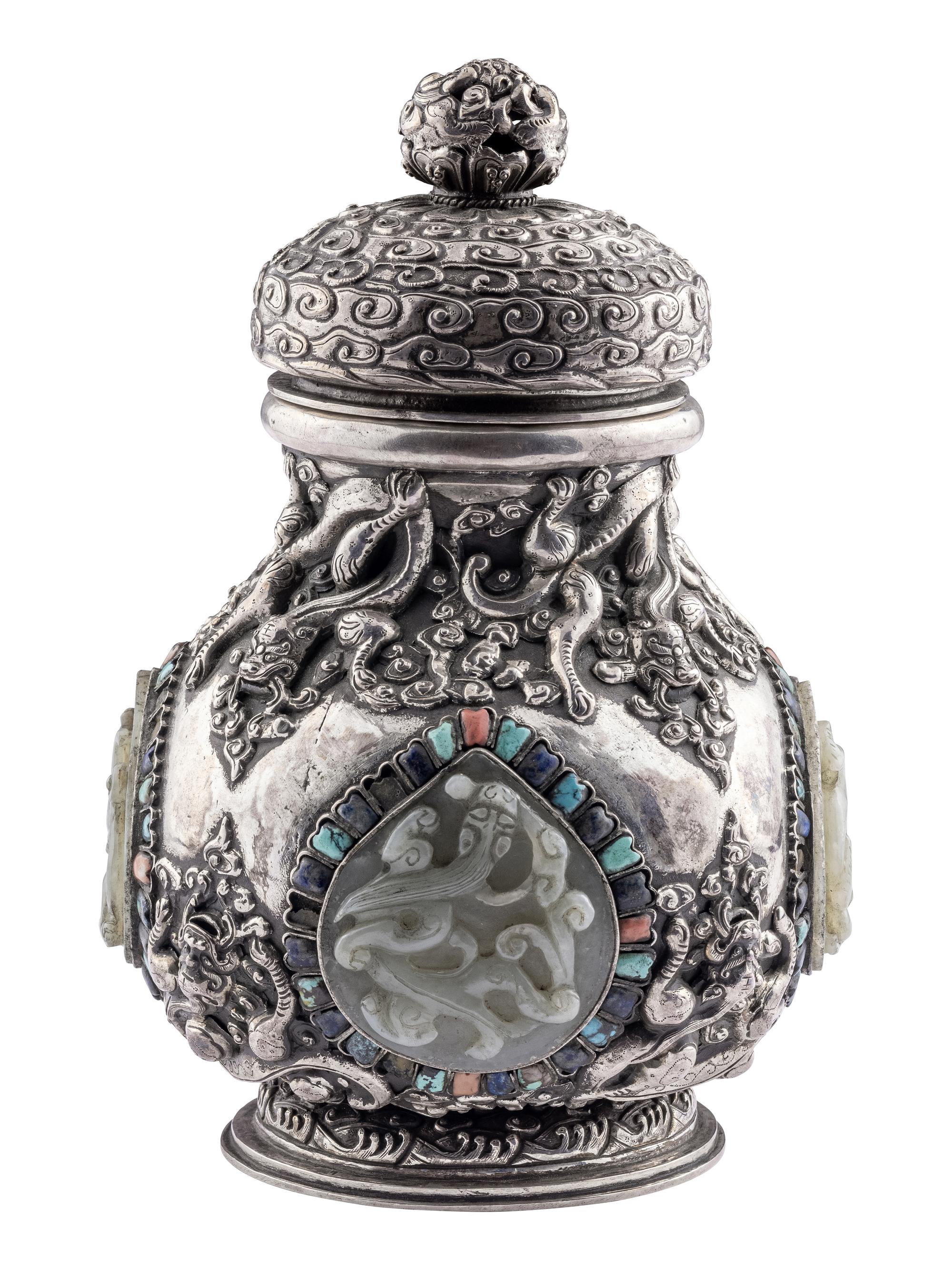 A Mongolian Jade and Hardstone Inset Silver Covered Hu Vessel