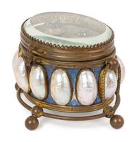 A Bronze, Mother-of-Pearl Inset and Blue Opaline Glass Scent Bottle Caddy — 19TH CENTURY