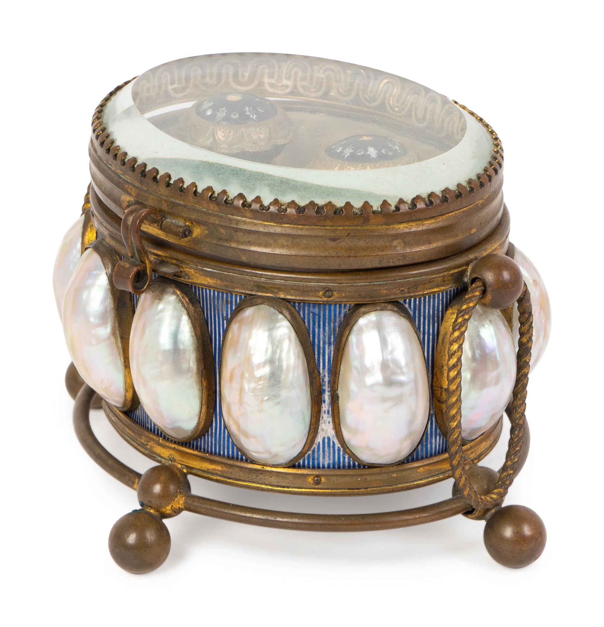 A Bronze, Mother-of-Pearl Inset and Blue Opaline Glass Scent Bottle Caddy — 19TH CENTURY