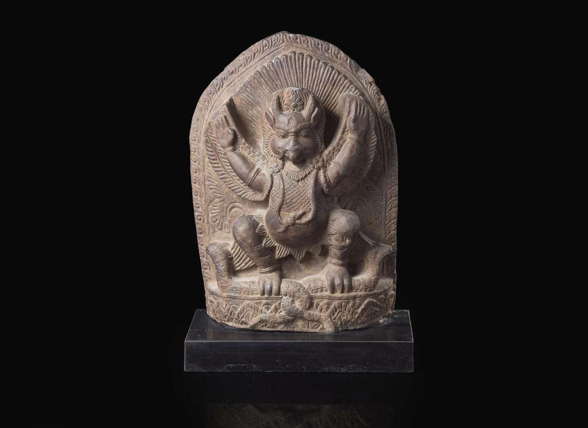 A carved grey-brown stone stele of Garuda, probably Nepalese 棕灰石雕迦樓羅 或尼泊爾
