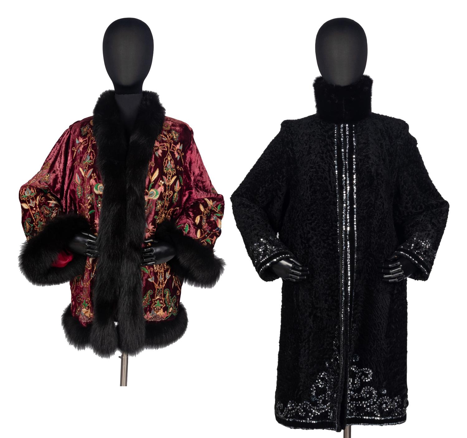 Two Designer Embellished Coats with Fur Trim