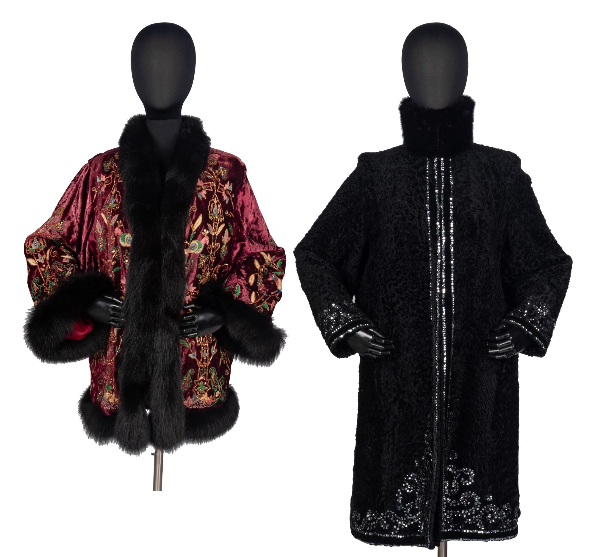 Two Designer Embellished Coats with Fur Trim