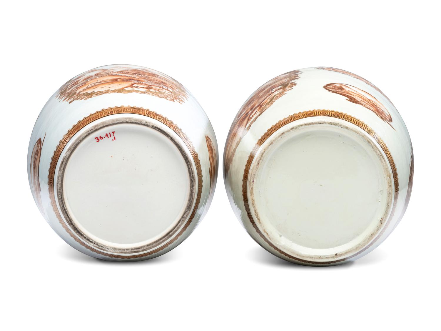 A Pair of Chinese Export Parcel Gilt and Sepia Decorated Porcelain Covered Urns