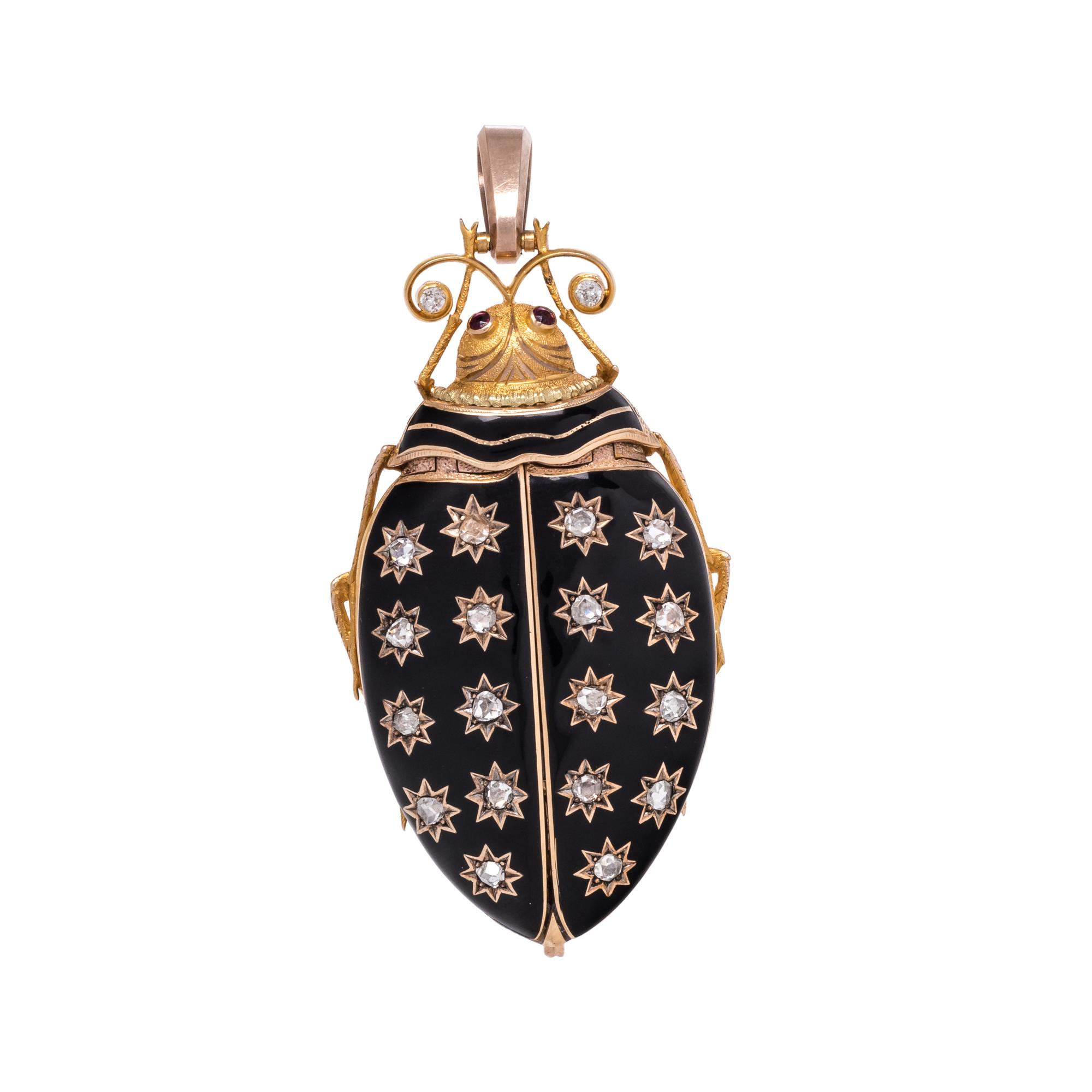 ANTIQUE, YELLOW GOLD, ENAMEL AND DIAMOND BEETLE PENDANT WATCH