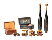 Five Carved and Painted Wood Toys and Boxes
