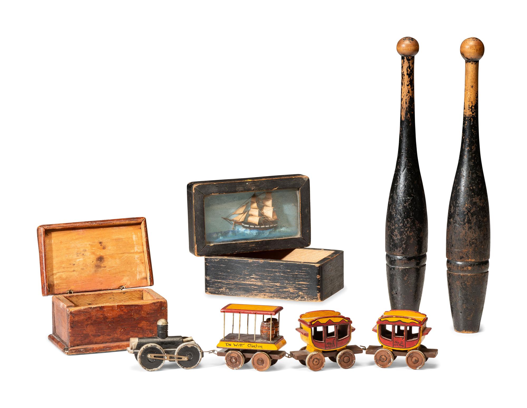 Five Carved and Painted Wood Toys and Boxes