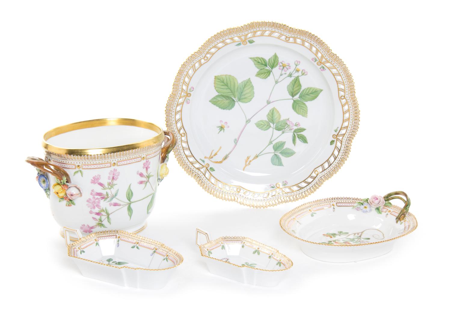 Five Flora Danica Porcelain Articles, Diameter of first 13 inches.